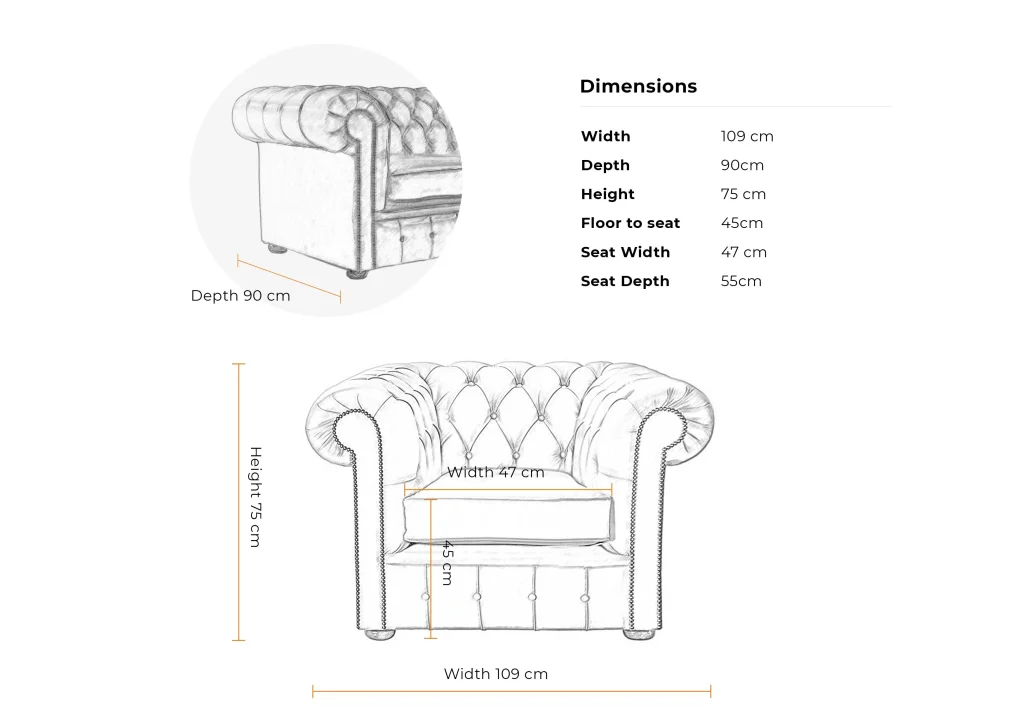 Dimensions 1 seater Fabric Chesterfield Sofa in Lagos Abuja Asaba Benin Port harcourt Warri Delta Ibadan Nigeria