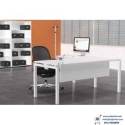 All White L Shaped Executive Table with Modesty Panel and Metal Leg