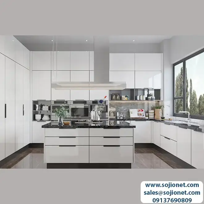 U Shaped Glossy White Kitchen Cabinet