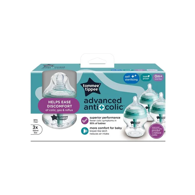 Tommee Tippee Baby Bottles, Advanced Anti-Colic Baby Bottle with Slow Flow Breast-Like Teat, 150ml, 0m+, Self-Sterilising, Baby Feeding Essentials, Pack of 3